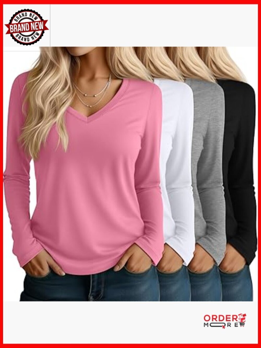 4 Pack V Neck Long Sleeve T Shirts Basic Tops Casual Fall Loose Fit Blouse Tee